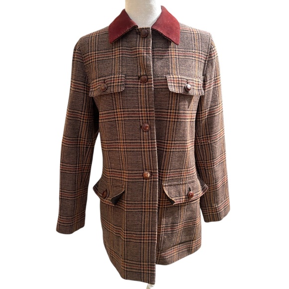 Vintage Wool Tartan Coat with Suede Red Leather Collar - Picture 1 of 8